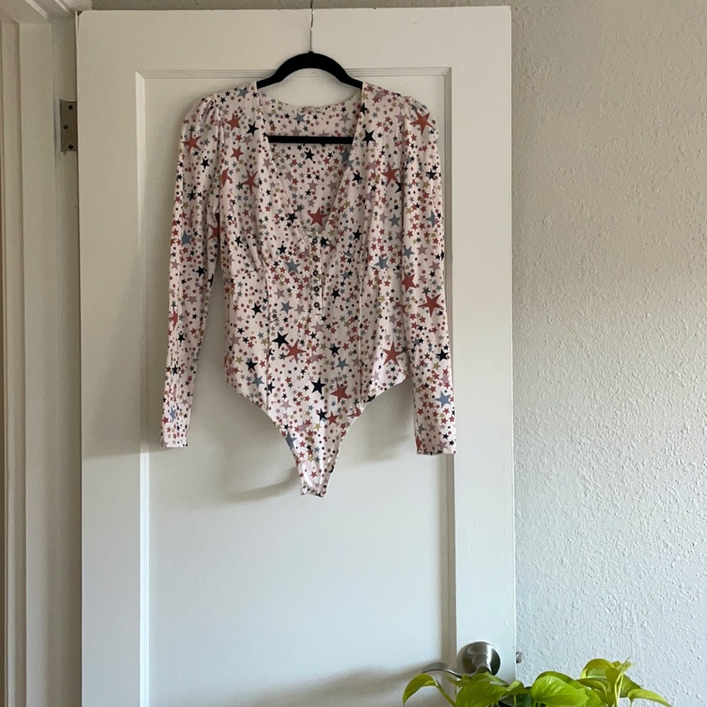Free People Cream Star-Print Long Sleeve Girls Like Us Cotton Thong Bodysuit